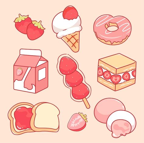 Pink Drawings Cute, Dessert Cute Drawing, Desserts Drawing Cute, Food Drawing Desserts, Cute Cartoon Strawberry, Food Cute Wallpaper, Cute Menu Drawing, Foods Drawing Cute, Cartoon Food Drawing