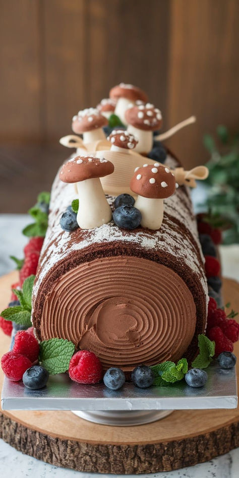 This Yule Log (Bûche de Noël) is a Christmas favorite! Rolled with creamy filling and topped with chocolate “bark,” it’s a decadent dessert that looks as festive as it tastes—perfect for sharing with loved ones this holiday season. Christmas And Cream, Yule Log Cupcakes, Edible Holly Decoration, Holiday Yule Log Cake, Eggnog Yule Log, Chocolate Yule Log Decoration, Christmas Yule Log Decoration, Chocolate Yule Log Cake, Christmas Yule Log Cake Decoration