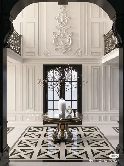 Entry Foyer Flooring Ideas, Flooring Inlay Design, Floor Pattern Design Lobby, Big Foyer Ideas Entrance, Classic Lobby Design, Luxury Tile Floor, Modern Foyer Design, Flooring Design Ideas, House Hall Design