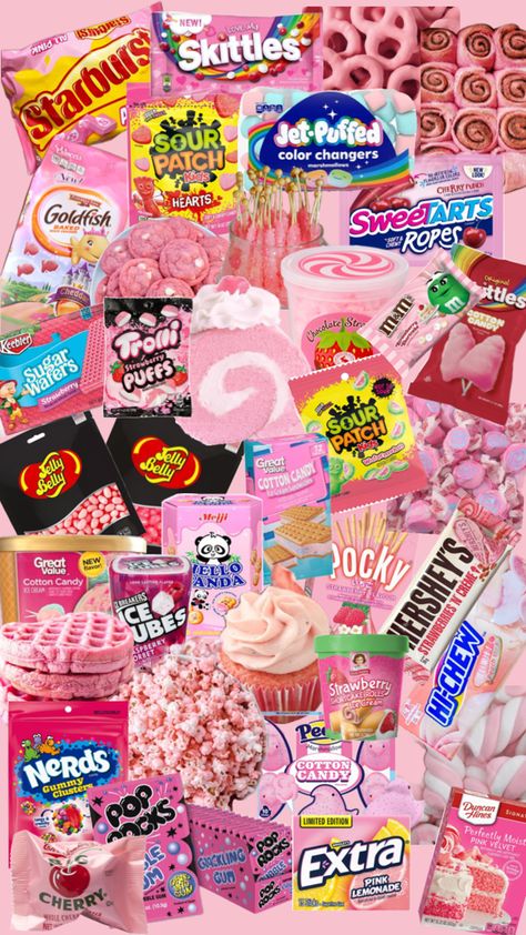 Pink Snacks For Color Party, Pink Snack Basket, White Snacks For Color Party, Pink Treats, Pink Snacks, Candy Gift Baskets, Strawberry Candy, Treat Basket, Candy Jelly