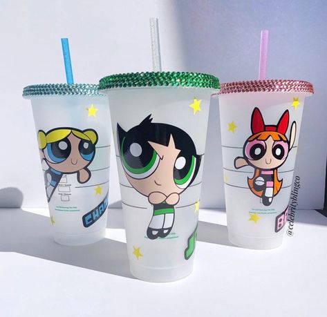 Hi everyone these are Starbucks custom venti and grande reusable tumbler cup! Completely transformed into a one a kind piece! Turn heads and get attention compliments with this truly beautiful cup. **Designs on cups are made with high quality permanent vinyl.** ▪️⚠️CUPS DO NOT COME WITH RHINESTONES UNLESS YOU ADD THEM ON MAKE SURE IF YOU WANT RHINESTONES TO PURCHASE ADD ON ◾️ All cups come with a lid straw and if in stock a bumper for the bottom of the cup ▪️Please note these cups do come sealed Blossom Bubbles And Buttercup, Starbucks Cup Design, Starbucks Cup Art, Bling Tumbler, Trendy Water Bottles, Kpop Diy, Cute Water Bottles, Cold Cups, Cup Designs