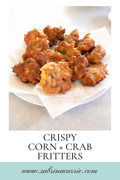 Lots of crab and minimal light batter make these corn and crab fritters light and crispy. Makes approximately 12 crab fritters depending how big or small you make them. Crispy Crab Nuggets, Crispy Crab Appetizer, Crab And Corn Fritters, Lobster Fritters Recipe, Crab Fritters Recipe, Lobster Fritters, Seafood Fritters, Crab Fritters, Clam Fritters