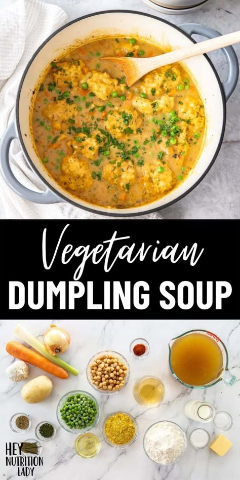 This Vegetarian Dumpling Soup is comfort food at its best! If you're looking for a Vegetarian Chicken and Dumplings recipe, look no further! A broth packed with flavour, chickpeas for protein, and fluffy dumplings baked right in the soup, this recipe will have you feeling all the feels. Vegetarian Chicken And Dumplings, Vegetarian Dumpling Soup, Vegetable Dumpling Soup, Comfort Soups, Fluffy Dumplings, Vegetarian Dumpling, Chicken Dumpling Soup, Vegan Dumplings, Chicken And Dumplings Recipe