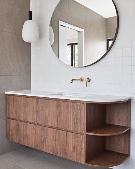 Maytree Studios on Instagram: “Can't get enough of walnut...Featuring @polytec Florentine Walnut in the mid century inspired ensuite at No.49 Bardon Twins. ⠀⠀⠀⠀⠀⠀⠀⠀⠀…” Florentine Walnut Polytec, Walnut Vanity Bathroom, Walnut Vanity, Walnut Bathroom Vanity, Walnut Bathroom, 1950s Bathroom, Shower Over Bath, Walnut Timber, Ensuite Bathroom