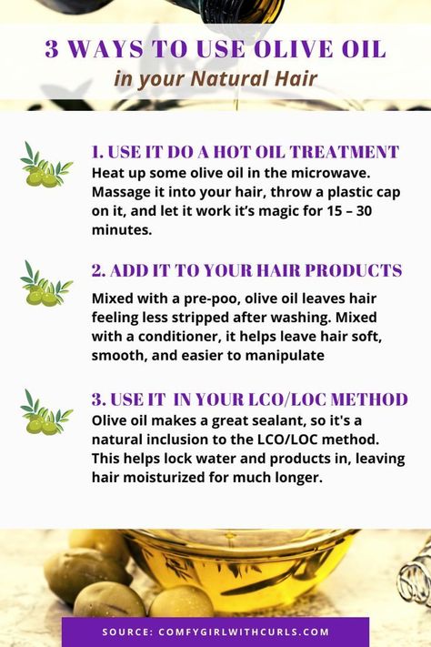 #haircare, #hairtipsandtricks, #haircaretips, #haircareroutine Olive Oil For Hair, Natural Hair Recipes, Natural Hair Care Regimen, Olive Oil Benefits, Hair Recipes, Loc Method, Natural Hair Care Routine, Olive Oil Hair, High Porosity Hair