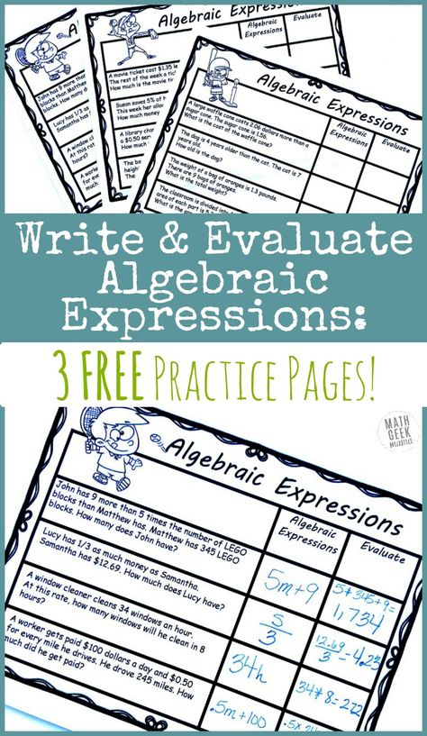 Writing Algebraic Expressions: FREE Practice Pages | Math Geek Mama Math Expressions 3rd Grade, Algebraic Expressions Worksheet, Algebra Vocabulary, Translating Algebraic Expressions, Writing Algebraic Expressions, Grade 7 Math, Evaluating Algebraic Expressions, Math Day, Dictionary For Kids