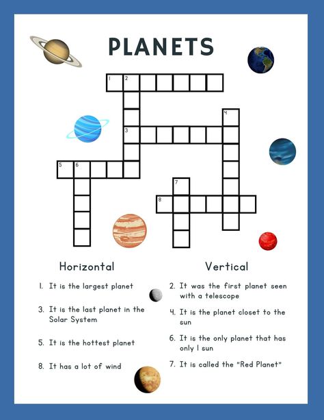 A fun, printable worksheet activity to help any child learn the planets in our solar system! This fun and easy to use printable planet activity is a great addition to any unit study on outer space, or a fun addition to your science curriculum. It can also be used as a perfect addition to a busy binder or science station. Can be used for students or a fun learning activity at home! ~ TWO ACTIVTIES INCLUDED! ~ Both printable files included, with answer keys! - 1 x Planet Word Search Worksheet Activity - 1 x Planet Crossword Worksheet Activity ~ INSTANT DOWNLOAD ~ **This is a DIGITAL DOWNLOAD. No physical items will be mailed to you.** After purchase, you will receive an email receipt from Etsy with a link to download your purchase. File(s) can be downloaded directly from the "Purchases and R Solar System Games For Preschool, Space Homeschool Activities, Diy Planets Solar System, Planets Worksheets For Kids, Solar System Activity, Create Your Own Planet, Science For Kids Worksheets, Planet Activities For Kids, Solar System Activities For Kids