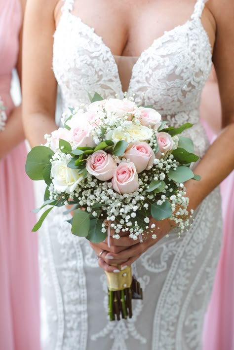 Romantic Pink and Gold Clearwater Beach Wedding | Opal Sands White And Blush Bridal Bouquet With Greenery, Bride Flower Bouquet White Blush Pink, White And Blush Pink Flowers With Eucalyptus Bouquet, Pink Bridal Bouquet With Greenery, Light Pink Beach Wedding, Simple Elegant Wedding Bouquet, Pink And White Roses Bouquet, Bridal Bouquet Pink And White, Wedding Flowers Pink And White