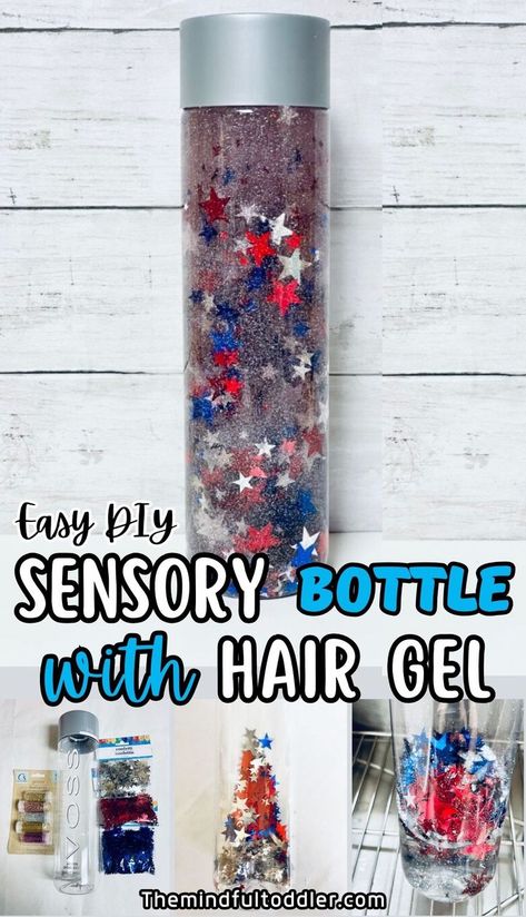 Learn how to make this super easy DIY sensory bottle with hair gel, glitter, and water. This hair gel bottle can be used as calm down jars in your home or classroom! It is great for toddlers, preschoolers, and even babies! Sensory Bottles With Hair Gel, Hair Gel Sensory Bottle, Sensory Jars For Kids, Homemade Sensory Bottles, Calming Sensory Bottles, Sensory Bottles Diy, Make A Sensory Bottle, Wacky Science, Diy Sensory Bottles