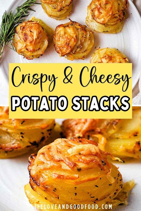 Crispy layers of potato stacked high with Asiago cheese, rosemary, and sea salt. These muffin tin potato stacks are easy, cheesy, and irresistibly golden. Perfect as an appetizer or side dish for the holidays! Layered Fried Potatoes, Crispy Potato Side Dishes, Stacked Potatoes In Muffin Tin, Thousand Layer Potatoes, Mini Potato Gratin Stacks, Southwest Potato Stacks, Potatoes In Muffin Tin Sliced, Cheesy Potato Stacks, Potato Stacks With Garlic Herb Butter