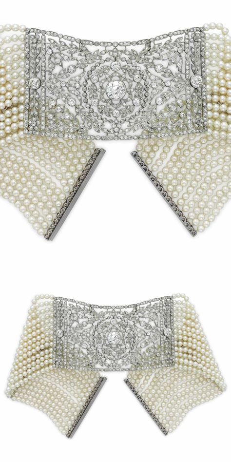 A BELLE ÉPOQUE PEARL AND DIAMOND NECKLACE: Designed as a multi-row seed pearl choker, spaced by platinum bar links, centering upon an old and single-cut diamond openwork panel of foliate motif, joined by an old-cut diamond clasp, circa 1910, 12 ins., mounted in platinum.  Via Christie's. Handmade Antique Jewelry, Vintage Diamond Necklace, Vintage Jewlery, Pearl Jewels, Pearl And Diamond Necklace, Diamond Jewelry Necklace, Diamond Necklaces, Initial Pendant Necklace, Tassel Jewelry