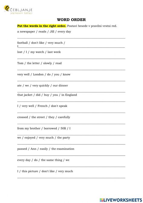 Word Order Worksheets, Common App Essay, Verbo To Be, Guide Words, Word Order, Writing Topics, Sentence Writing, Sentence Structure, English As A Second Language (esl)