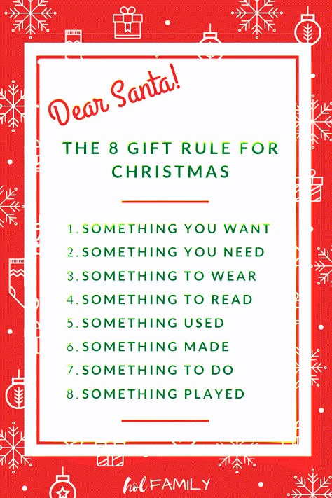 Keep Christmas simple, stress-free, and clutter-free with this brand new spin on the four gift rule for Christmas. This 8 Gift Rule for Christmas will become a family tradition you can carry on year after year. Something they want, need, wear, read, used, made, to do, played. Lots of eco-friendly, wooden, natural, STEM, and budget friendly gift ideas. #christmas #christmasgiftideas #giftsforkids #minimalism #holfamily 7 Gift Rule For Christmas Ideas, Christmas Diy Gifts Cheap, How To Display Christmas Stockings Without A Fireplace, 8 Gift Rule For Christmas, Christmas Gift Organization, Gift Rule For Christmas, Christmas Traditions Ideas, Organised Mum, Christmas Checklist