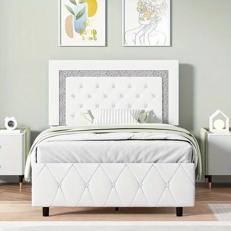 Bed Frame Padded Platform Bed Button Tufting Headboard - Temu Bed Construction, Bed Frame Platform, Luxury Bed Frames, Bed Frame Upholstered, Twin Platform Bed Frame, 12 Strong, Diamond Tufted Headboard, Bed Base Frame, Romantic Luxury