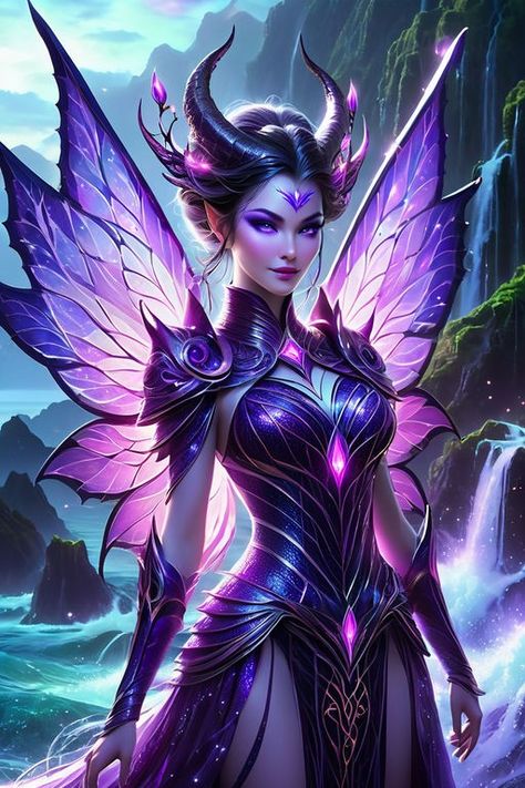 Evil Fairy Art, Fairy Warlock, Butterfly Demon, Witch Core Outfits, Fantasy Beings, Warlock Dnd, Dragon Fairy, Evil Fairy, Purple Fairy