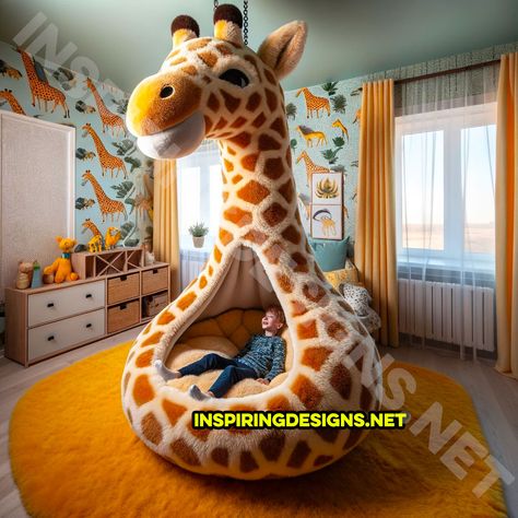 These Hanging Animal Shaped Loungers Are A Wild Addition to Your Kids Bedroom! Girls Animal Bedroom, Animal Bedroom Ideas, Girls Jungle Bedroom, Sensory Bedroom, Giraffe Bedroom, Animal Themed Bedroom, Giraffe Bedding, Boy Nurseries, Safari Bedroom