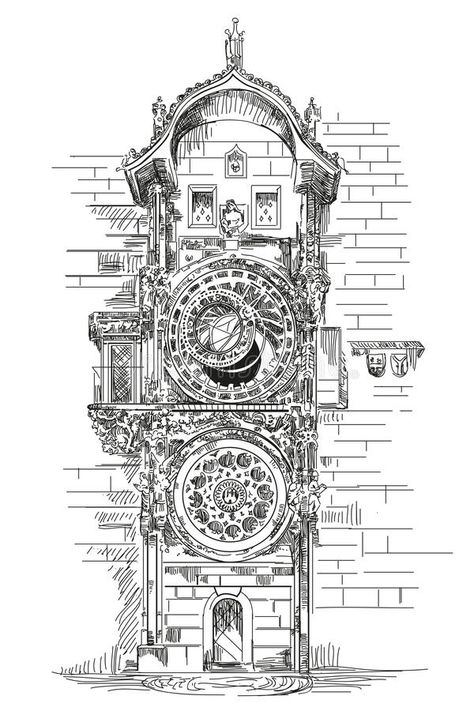 Prague Clock, Tattoo Prague, Prague Charles Bridge, Prague Astronomical Clock, Clock Drawings, Europe Culture, Astronomical Clock, Prague City, Travel Crafts