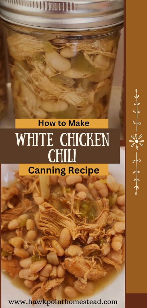 This easy canning recipe for white chicken chili is a delicious way to turn this tasty twist on traditional beef chili into a jar of home-canned soup on your pantry shelf for a wonderful meal anytime, especially on those busy weeknights. This easy white chicken chili recipe makes a hearty soup that is wonderful on a chilly day or any day. I enjoy taking my jars of ready to eat meals to work for lunch. Canning soup is one of the best things about learning how to can! Chicken Noodle Soup Canning Recipe, White Chicken Chili Canning Recipe, Canning Chicken Chili, Canning Recipes Soup, Pressure Canned Soup Recipes, Home Canned Meals, Pressure Canned Chicken Recipes, Winter Canning Ideas, Instant Soup Mix Recipes