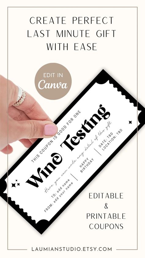 Wine Testing Gift Coupon Wine Lover Gift Idea Bachelorette Party Gift Voucher Bachelorette Game Ticket Digital Coupon for Bride to Be Gift - Etsy Printable Vouchers, Printable Coupon Book, Birthday Certificate, Gift Coupon, Gym Gifts, Birthday Coupons, Lawyer Gifts, Coupon Template, Class Gift