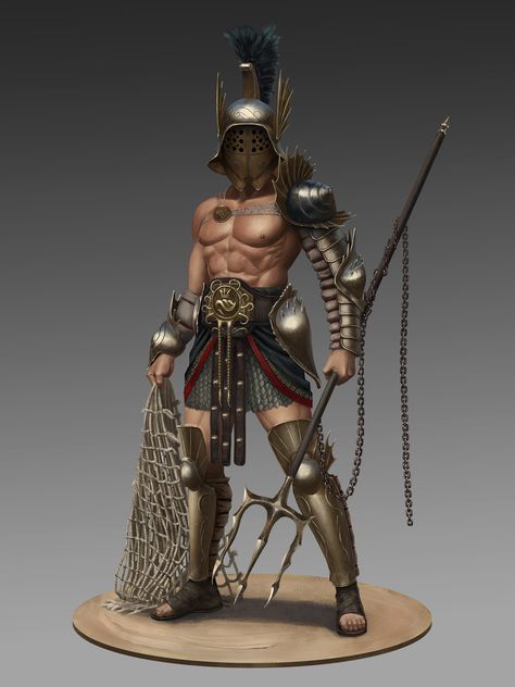 Atlantean, Alen Rocha on ArtStation at https://www.artstation.com/artwork/5ra51 Gladiator Armor, Roman Gladiators, Gladiator Tattoo, Roman Soldier, Roman Warriors, Character Statue, Greek Warrior, Ancient Warfare, Spartan Warrior