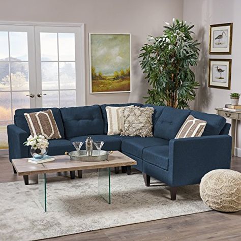 Christopher Knight Home 303605 Emmie Sectional Sofa, Navy Blue/Dark Brown Dark Blue Couch, Sofa Navy Blue, Blue Couch Living Room, Sofa Navy, Navy Blue Sofa, Mid Century Modern Sectional Sofa, Tufted Sectional, Blue Sectional, U Shaped Sectional Sofa