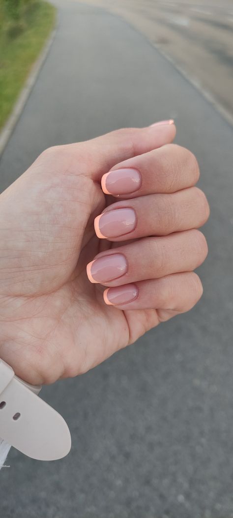 Peach Dress Nails, Salmon French Tip Nails, Peach Short Nails With Designs, Peach Color French Tip Nails, French Coral Nails, Peachy French Nails, Peach French Nails, French Peach Nails, Peach Nails French Tip