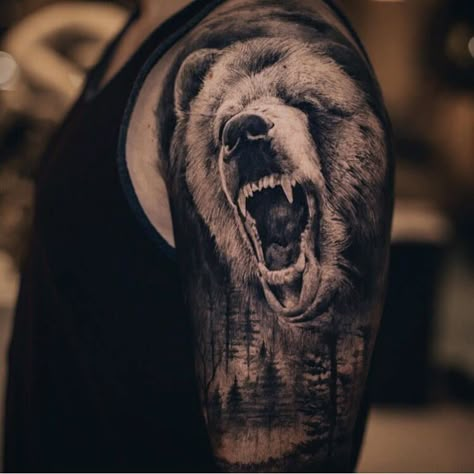 12+ Realistic Bear Tattoo Ideas | PetPress Bear Tattoos For Men, Grizzly Bear Tattoos, Animal Sleeve, Bear Tattoo Designs, Hunting Tattoos, Animal Sleeve Tattoo, Tier Tattoo, Lion Tattoo Sleeves, Country Tattoos