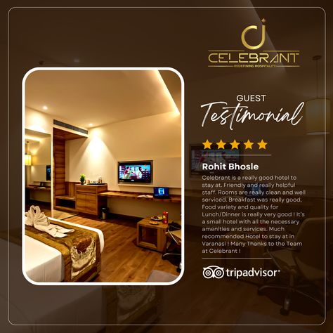 Thank you for your positive review! We're glad to hear that you found our hotel to be clean and comfortable, and that you appreciated the friendly and helpful staff. We hope to see you again soon! Email Us : gm@celebranthotels.com Call Us : +91-9517-299-951 Website : http://celebranthotels.com #GuestExperience #HotelReview #TravelerFeedback #StayExperience #tripadvisor #tripadvisorreview #CustomerSatisfaction #ValueForMoney #restaurant #varanasi #hotelsinvaranasi #celebrant #celebranthotels Hotel Social Media Post Design, Review Creative Ads, Hotel Creative Post, Hotel Post Design, Hotel Instagram Feed, Hotel Banner Design, Hotel Social Media Post, Hotel Marketing Design, Hotel Sales