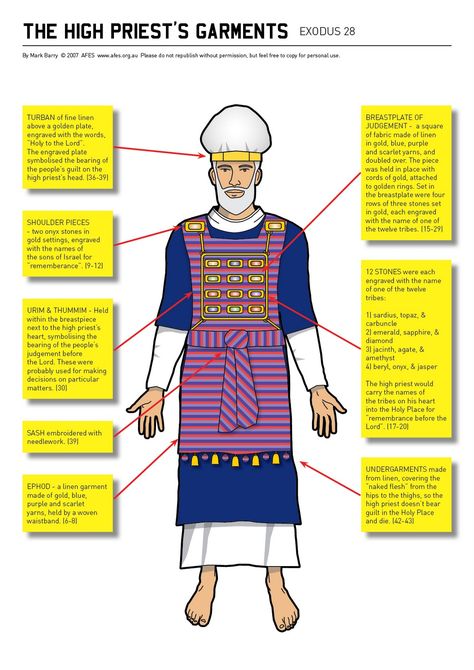 Exodus 28- Illustration of high priest temple robes in ancient Israel… Priestly Garments, Bible Study Help, Learn Hebrew, Family Worship, Bible History, High Priest, Bible Facts, Bible Teachings, Scripture Study