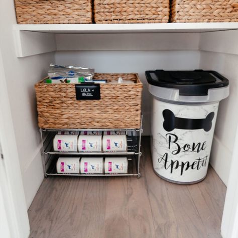 Don’t forget about your fur babies! Storing dog food is easy too, especially with a can feeder for canned dog food. Dry dog food scoops great from a large bin—plus it looks a little more aesthetically appealing and cleaner than leaving the bags out.It is so important that our animals are taken care of as well and incorporating them into our kitchen design. Believe me when I say- having their own little organized section just makes your house feel so refreshed and organized. Dog Food Storage Ideas, Storage Ideas Small Spaces, Food Storage Ideas, Pet Supplies Organization, Dani Austin, Dog Room Decor, Neat Method, Puppy Room, Dog Storage