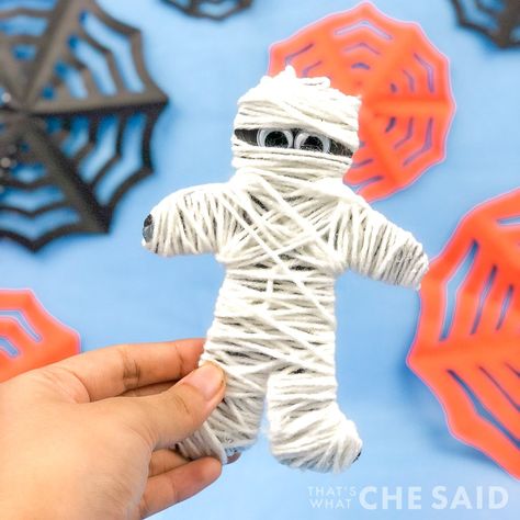 Halloween Mummy Crafts For Kids, Make A Mummy Craft, Yarn Mummy Craft, Halloween Mummy Craft, Easy Mummy Craft, Paper Mache Mummy, Mummy Crafts For Kids Preschool, Mummification Project For Kids, Mummy Art Projects For Kids