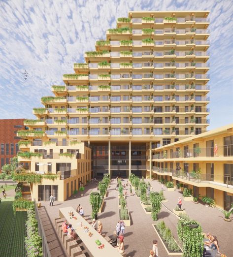 This sustainable apartment uses 90% wood in its construction - Yanko Design Sustainable Apartment Building, Timber Apartment Building, Sustainable Apartment Architecture, Sustainable Hotel, Sustainable Apartment, Column Structure, World Architecture Festival, Green Land, Green Roofs