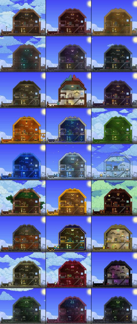 Types if building blocks in Terraria. Compare them to see what the best is for your home Terraria Guide, Terraria Castle, Terraria Design, Terrarium Base, Terraria Tips, Terraria House Ideas, Terraria House Design, Terraria House, Terraria Builds