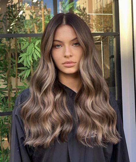 Butter Beige Balayage, Ash Honey Blonde Balayage, Full Brown Highlights On Black Hair, Natural Ombre Hair Brunette, Dark Roots Light Brown Hair Balayage, Cool Light Brown Balayage, Ashy Red Brown Hair, Neutral Brown Hair Color With Highlights, Dimensional Bronde Haircolor