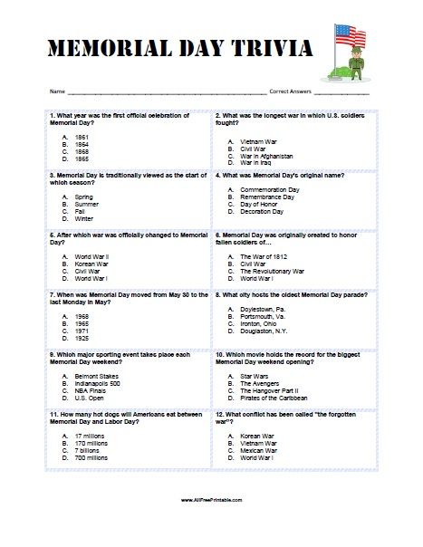 Free Printable Memorial Day Trivia. Free Printable Memorial Day Trivia Quiz that you can share with your students and remember the people who died while serving in the country's armed forces. Let's find out how much you know about Memorial Day. Try to answer this trivia about the Memorial Day facts, Memorial Day history, Memorial Day important dates, Memorial Day Memorial Day Trivia, Kindergarten Literacy Worksheets, Memorial Day Activities, Figurative Language Worksheet, Shapes Worksheet Kindergarten, Addition Words, Addition Word Problems, Preschool Math Worksheets, Social Studies Worksheets