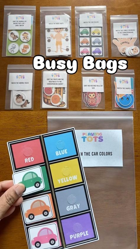 Toddler Busy Bags!  Grab these Busy Bags and keep your Toddler engaged anytime and anywhere. This bundle covers Cars Colors matching, Animals face matching, Body parts matching, Fruits and Vegetables sorting, Nesting dolls size sorting, Finger family, Land/ Water Animals Sorting and Shapes matching activities.  Fully Assembled and shipped to you. US Shipping ONLY!  #toddlerbusybags #busybag #busybags #busybagsfortoddlers #traveltoy #traveltoys #learningactivities #learning #learningactivities... Busy Baskets For Preschool, Quiet Boxes For Toddlers, Busy Bins For Preschool, Activities To Keep Toddlers Busy, Busy Boxes For Preschoolers, Toddler Busy Boxes, Sorting Activities For Toddlers, Preschool Open House, Busy Bags For Toddlers