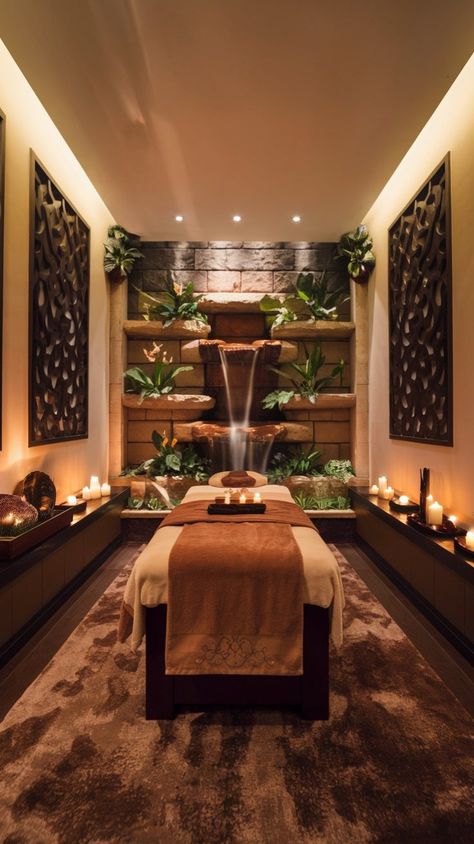 Embrace peace and quiet in this luxurious spa massage room 🛋️. Its refined design, soft lighting, and cozy ambiance make it the perfect place to rejuvenate. What do you think? 🌿✨ Garden Massage Room, Thai Massage Room Ideas, At Home Spa Set Up, Zen Massage Room, Spa Room In House, Cozy Massage Room, Dark Spa Room, Dark Spa Aesthetic, Spa Vibes Aesthetic