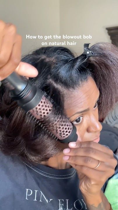 Blowout tutorial looks different for curly heads #bobblowout #90sshorthair #naturalhair Brazilian Blowout On 4c Hair, Roller Set Blowout Natural Hair, Blowing Out Curly Hair, Blowout Updo Natural Hair, Flexirod Blowout, Roller Set On Blown Out Natural Hair, How To Style Blown Out Natural Hair, Blowout Hair Natural Styles Medium, Natural Hair Styles Blow Dried