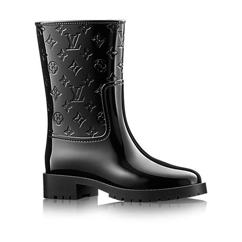 Luxury Black Boots With Rubber Sole, Luxury Boots With Rubber Sole, Medium Width, Monogram Shoes, Black Slip-resistant Rain Boots, Shiny Boots, Black Knee-high Rain Boots, Louis Vuitton Shoes Heels, Black Waterproof Ankle-high Rain Boots, Half Boots