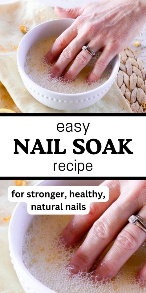 Super easy to make and even better when used weekly, this all-natural nail soak works wonders to transform dry, brittle nails into stronger, healthy, natural nails. The full recipe & instructions are below. Diy Manicure Soak, Diy Natural Nails, Healthy Natural Nails, Healthy Nails Natural, Strengthen Nails, Nail Serum, Nail Soak, Weak Nails, Homemade Bath