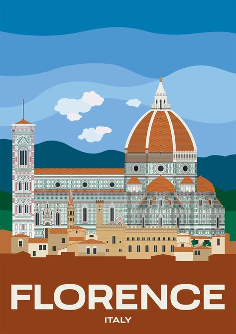 Florence | Illustrated posters of Places We Have Been To Florence Dome Drawing, Florence Italy Poster, Florence Poster, Florence Cathedral Sketch, Florence Italy Art, Florence Cathedral, Saint Mary, The Cathedral, Florence Italy