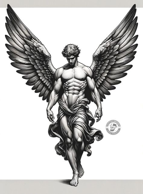 Wing Man Tattoo, Arm Wing Tattoo Design, Man With Wings Tattoo, Male Angel Tattoo Designs, Gabriel Tattoo Archangel, Man Angel Tattoo, Angel Wing Tattoo For Men, Skeleton Angel Tattoo, Angel Tattoos Men