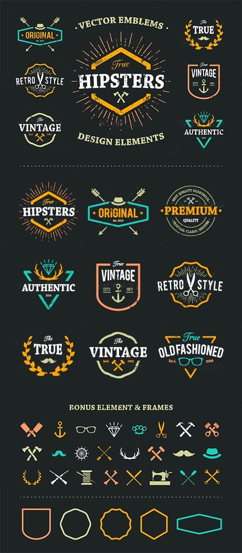 True Hipster Vector Set Template #design Download: http://graphicriver.net/item/true-hipster-vector-set/8560359?ref=ksioks Emblem Logo Design Inspiration, Vector Logo Design Ideas, Retro Logo Design Vintage Labels, Tshirt Logo Design Ideas, Logo Design Styles, Vintage Logo Ideas, Vintage Logo Design Inspiration, Graphic Design Logo Ideas, Vintage Badge Design