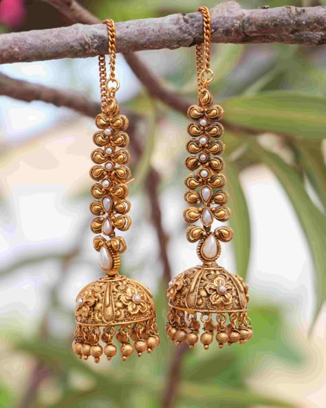 Bridal Jhumkas, Antique Jhumkas, Jhumkas Gold, Large Gold Earrings, Temple Jewellery Earrings, Gold Earrings Wedding, Ear Chain, Gold Jewelry Simple Necklace, Gold Chain Design