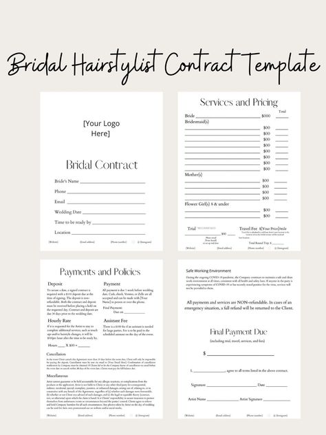 Bridal Hair Price List, Bridal Contract Template, Wedding Hairstylist Kit, Hairstylist Finances, Hairstylist Client Record, Hair Extension Contract, Bridal Hair Contract Template, Hairstylist Service List, Wedding Stylist Business