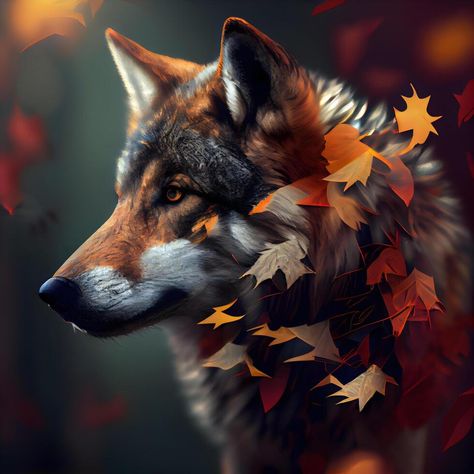 3D rendering of a wolf with autumn leaves on a dark background, Image Tree Saw, A Wolf, Cityscape Photos, Logo Banners, Nature Backgrounds, Heart With Arrow, Dark Background, Background Banner, 3d Rendering