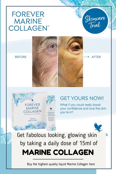 Are you over 25? If so, your body is now producing less collagen naturally. The benefits of taking a supplement of liquid Marine Collagen are huge: Glowing skin, fantastic anti-ageing, build stronger bones, improve joint health, better sleep. Forever Marine Collagen is the highest quality Marine Collagen you can get. Please message for more information, or buy your collagen here. Comes in 15ml sachets, 30 in a box (1month supply). 60-day money back guarantee, so grab yourself two boxes! Marine Collagen Benefits, Collagen Natural Sources, Forever Marine Collagen, Best Collagen Supplements, Benefits Of Collagen Supplements, Forever Collagen Marine, Vitamin C And Zinc, Collagen Benefits, Forever Business