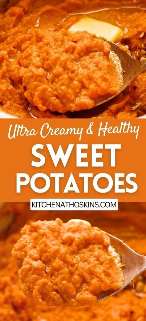 Learn how to make the creamy mashed sweet potatoes recipe that's fluffy and healthy. It makes a great side dish for dinner or a tasty Thanksgiving side dish recipe. Get the homemade sweet mashed potatoes recipe along with video at kitchenathoskins.com.