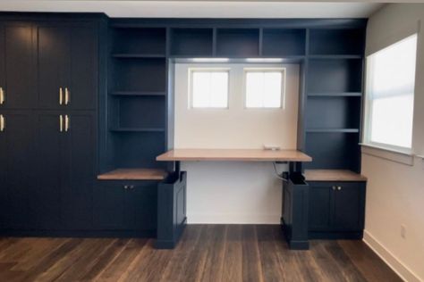 Home Office Using Ikea Furniture, Ikea Desk Wall Storage, Ikea Office And Guest Room, Custom Desk With Storage, Home Office Diy Built In, Diy Wall Desk With Storage, Sit Stand Desk Home Office Built In, Built In Office Desk And Cabinets Modern, California Closet Built In Desk