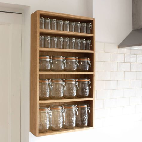 Are you interested in our Oak spice herb rack? With our kilner jar food storage you need look no further. Le Parfait Jars, Over The Cabinet Kitchen Decor, Ikea Kitchen Storage, Rustic Corner Shelf, Valley Kitchen, Fall Dining Room Table, Herb Rack, Herb Storage, Jar Food